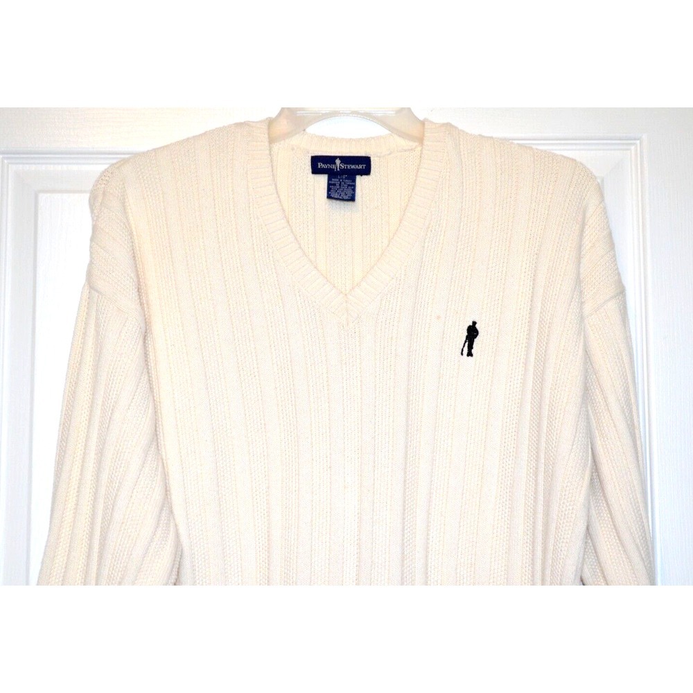 Vintage PAYNE‎ STEWART Sweater Mens L Off White V Neck Chunky Knit Golf